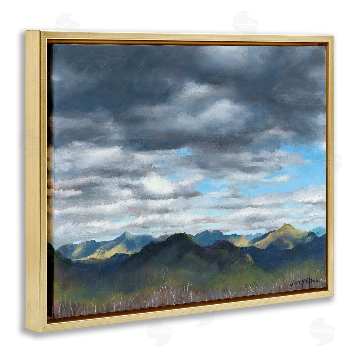 Jen Eitel Overhanging Clouds Rural Mountain Range Peaks Landscape Gold Floating Frame Canvas Wall Art Print
