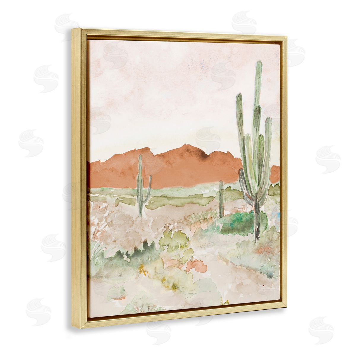 Lanie Loreth Cactus Plants Dry Desert Scene Distant Cliffs Gold Floating Frame Canvas Wall Art Print