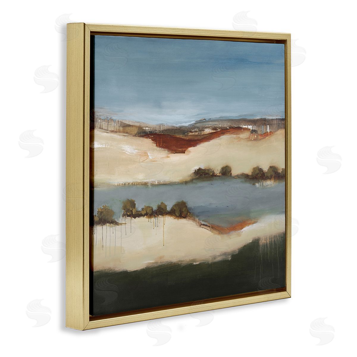 Lisa Ridgers River Flowing Clear Sky Nature Paint Drip Detail Gold Floating Frame Canvas Wall Art Print