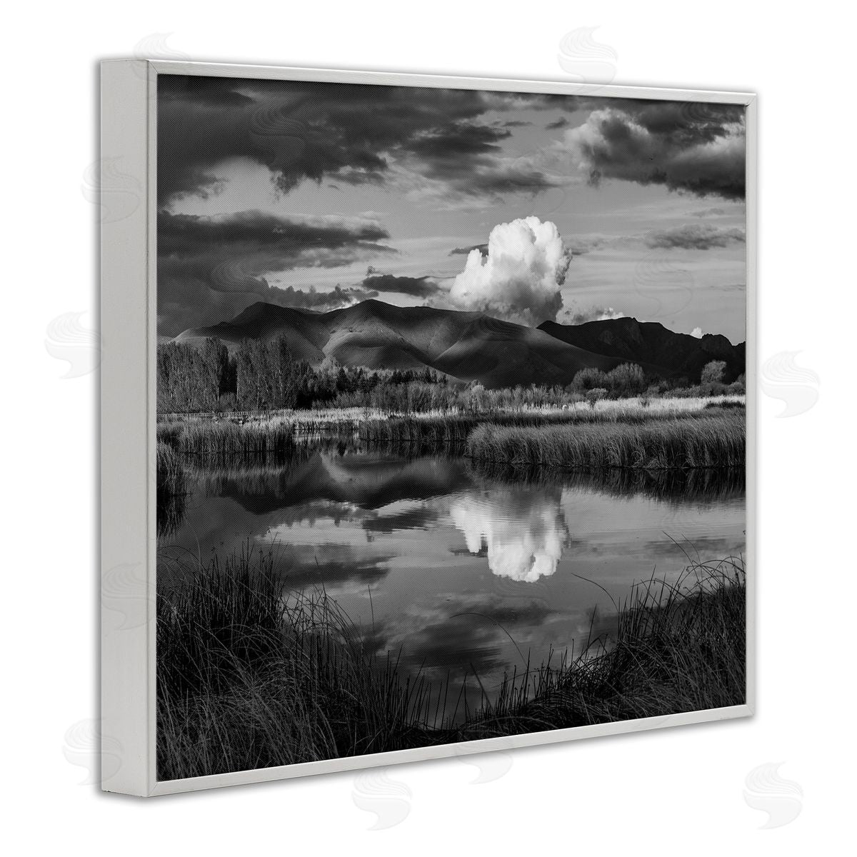 Steve Smith Puffy Cloud Over Mountain Grassy Marsh Landscape White Framed Giclee Wall Art Print