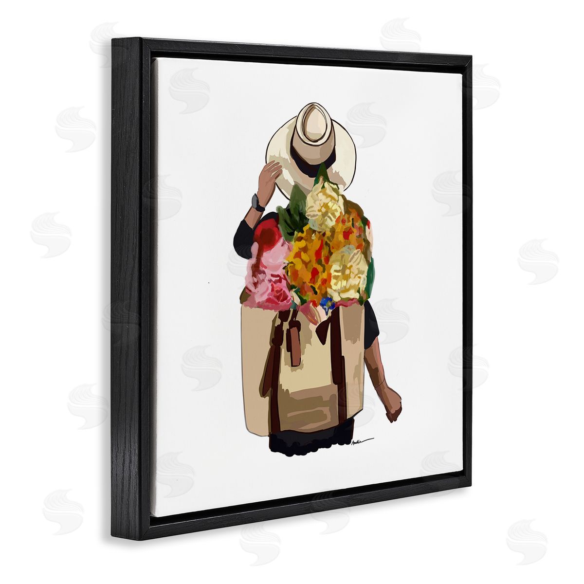 Amelia Noyes Floral Backpack Mixed Blooms Summertime Sun Hat Black Floating Frame Canvas Wall Art Print