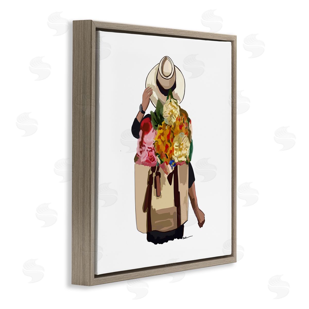 Amelia Noyes Floral Backpack Mixed Blooms Summertime Sun Hat Brown Floating Frame Canvas Wall Art Print