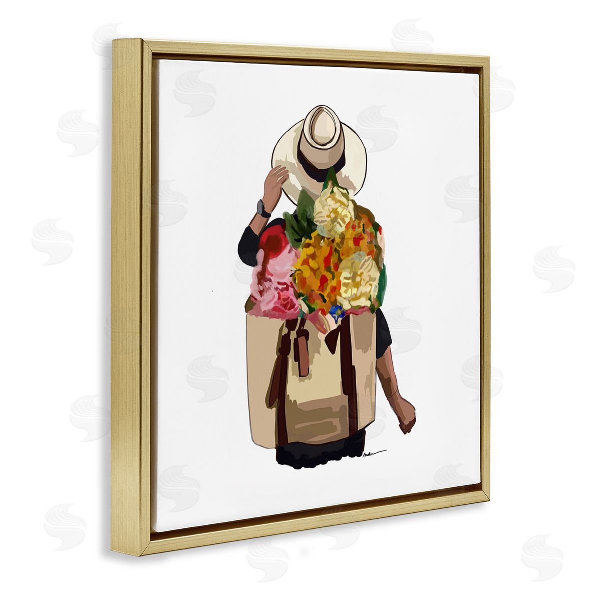 Amelia Noyes Floral Backpack Mixed Blooms Summertime Sun Hat Gold Floating Frame Canvas Wall Art Print