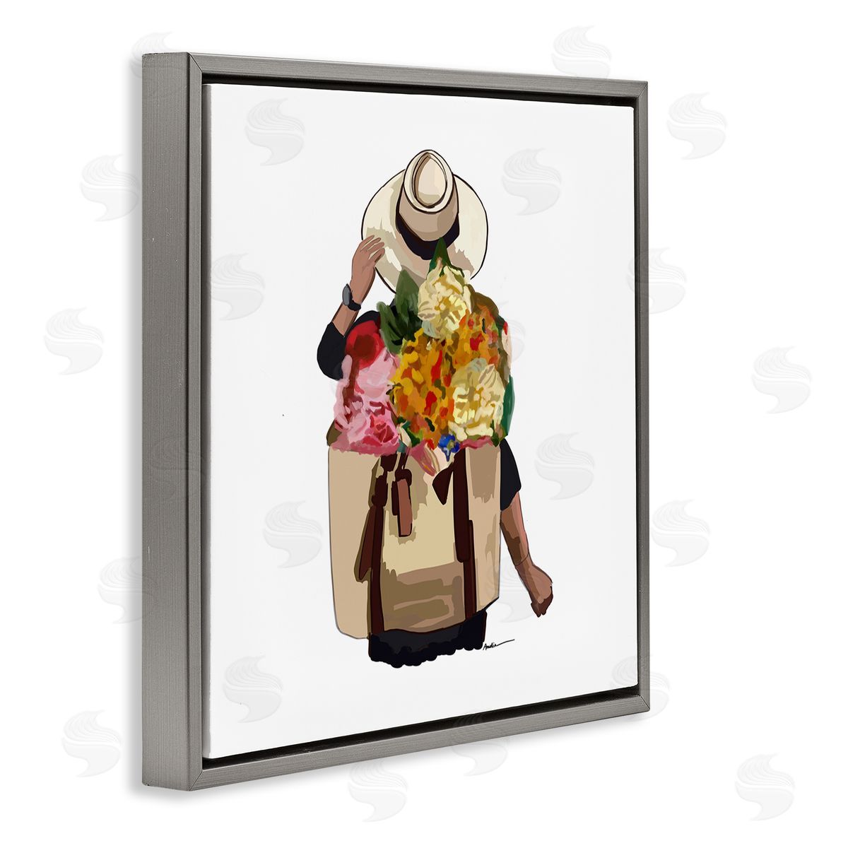 Amelia Noyes Floral Backpack Mixed Blooms Summertime Sun Hat Gray Floating Frame Canvas Wall Art Print