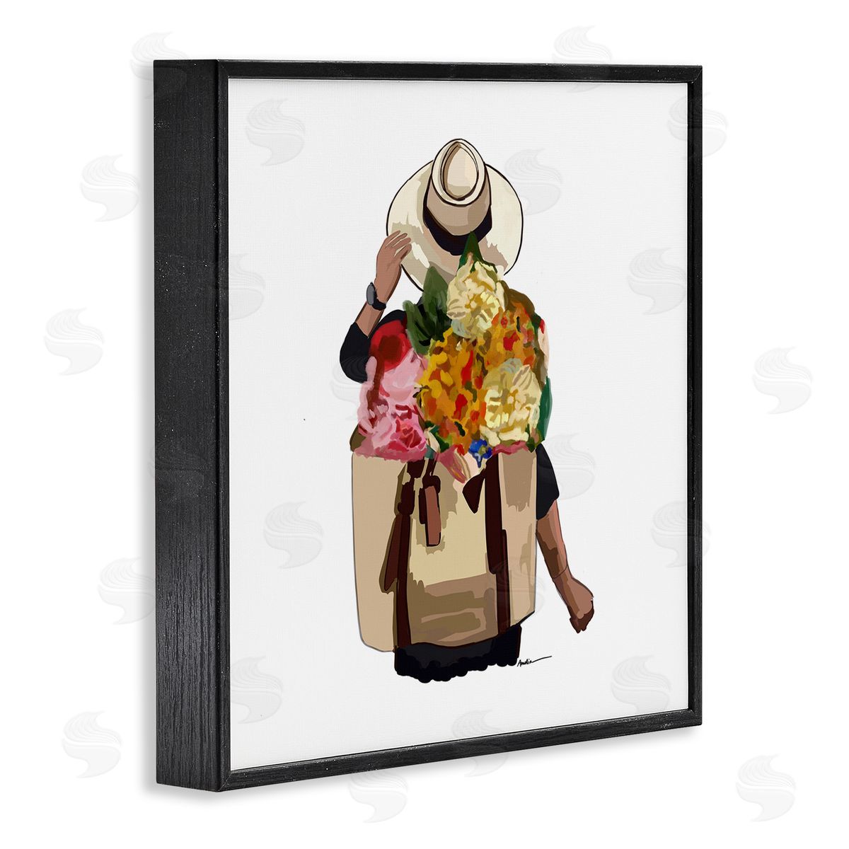 Amelia Noyes Floral Backpack Mixed Blooms Summertime Sun Hat Black Framed Glicee Wall Art Print