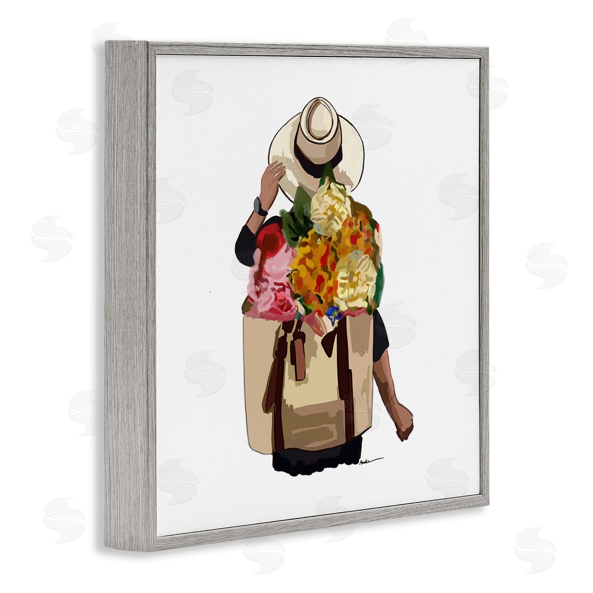 Amelia Noyes Floral Backpack Mixed Blooms Summertime Sun Hat Gray Framed Glicee Wall Art Print