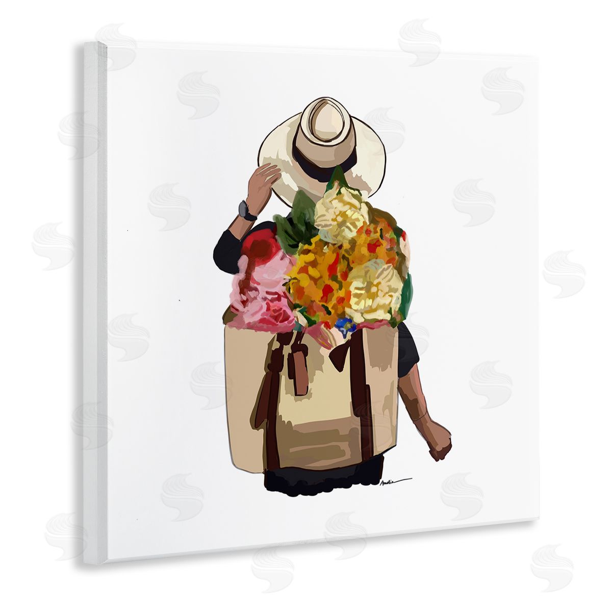 Amelia Noyes Floral Backpack Mixed Blooms Summertime Sun Hat Wooden Wall Plaque Art Print