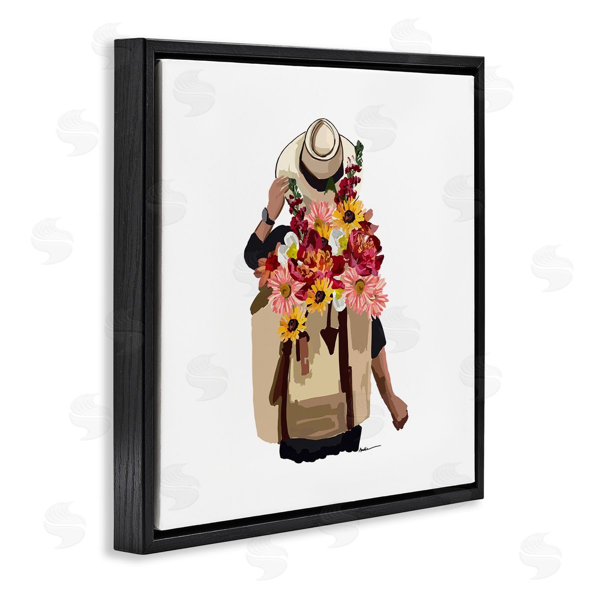 Amelia Noyes Woman Carrying Backpack Mixed Flower Bouquet Arrangement Black Floating Frame Canvas Wall Art Print