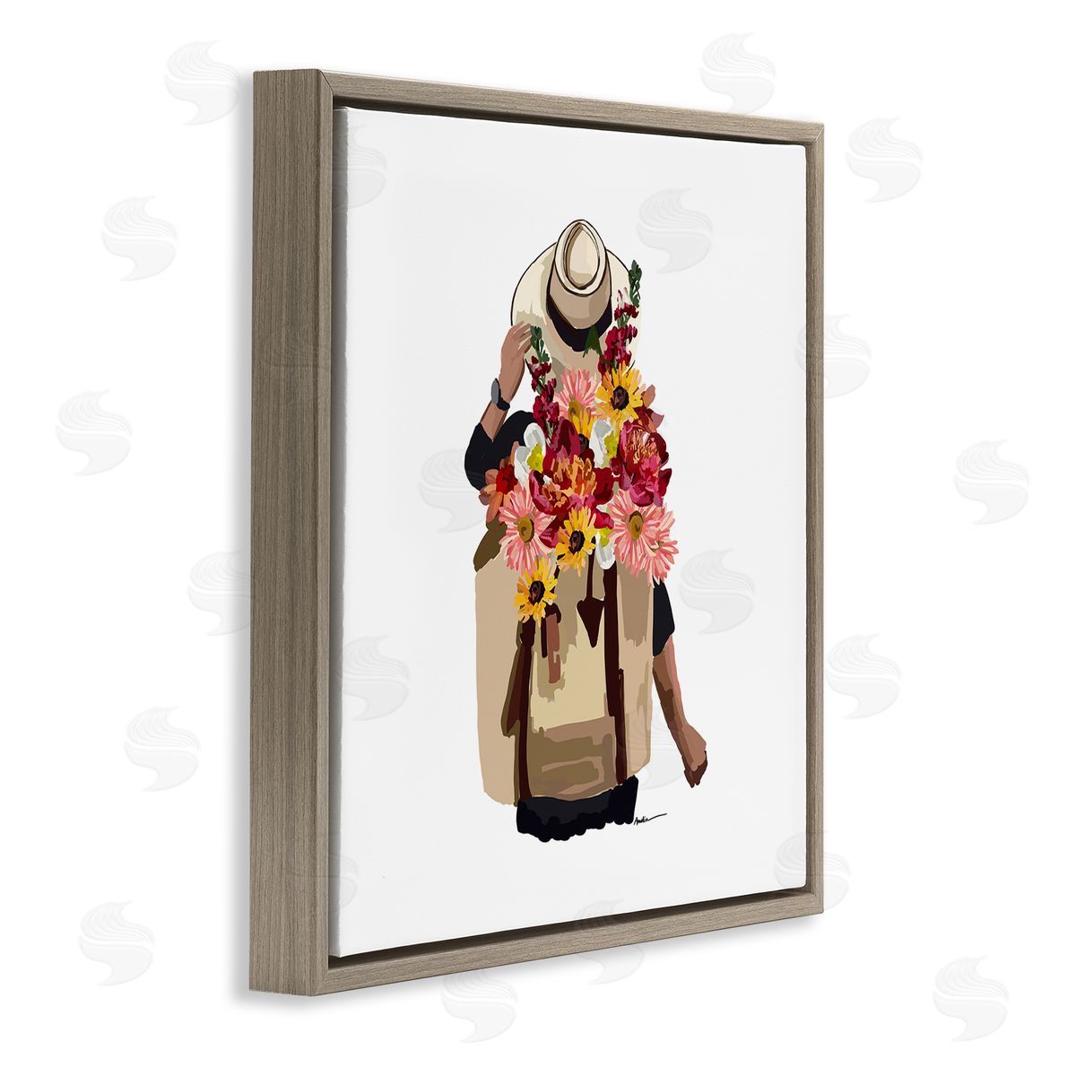 Amelia Noyes Woman Carrying Backpack Mixed Flower Bouquet Arrangement Brown Floating Frame Canvas Wall Art Print
