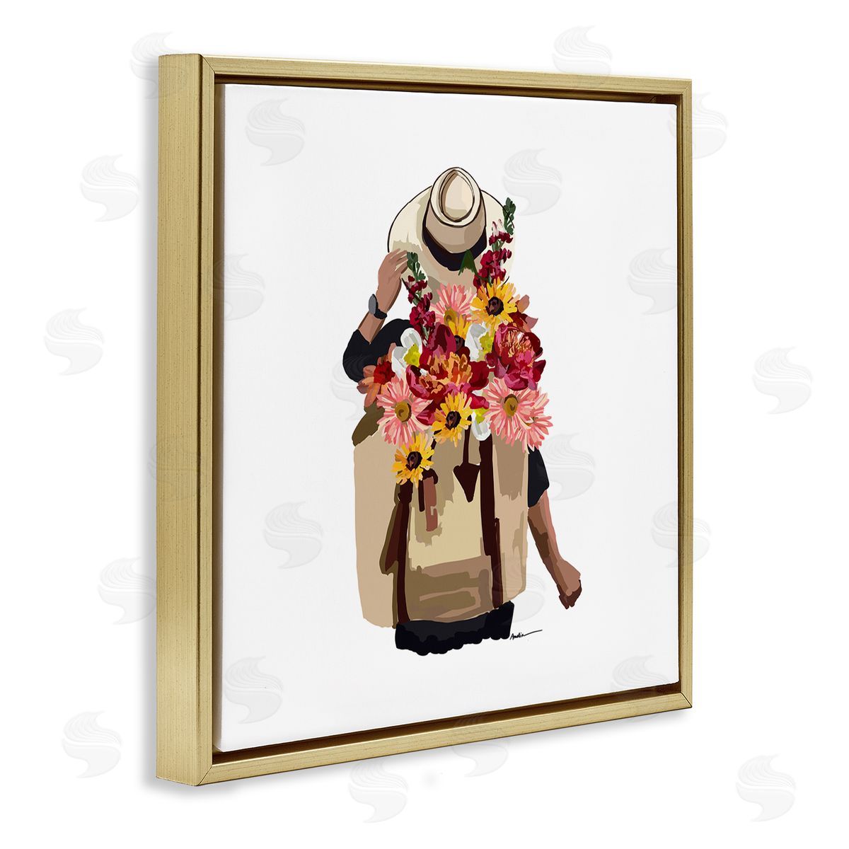 Amelia Noyes Woman Carrying Backpack Mixed Flower Bouquet Arrangement Gold Floating Frame Canvas Wall Art Print