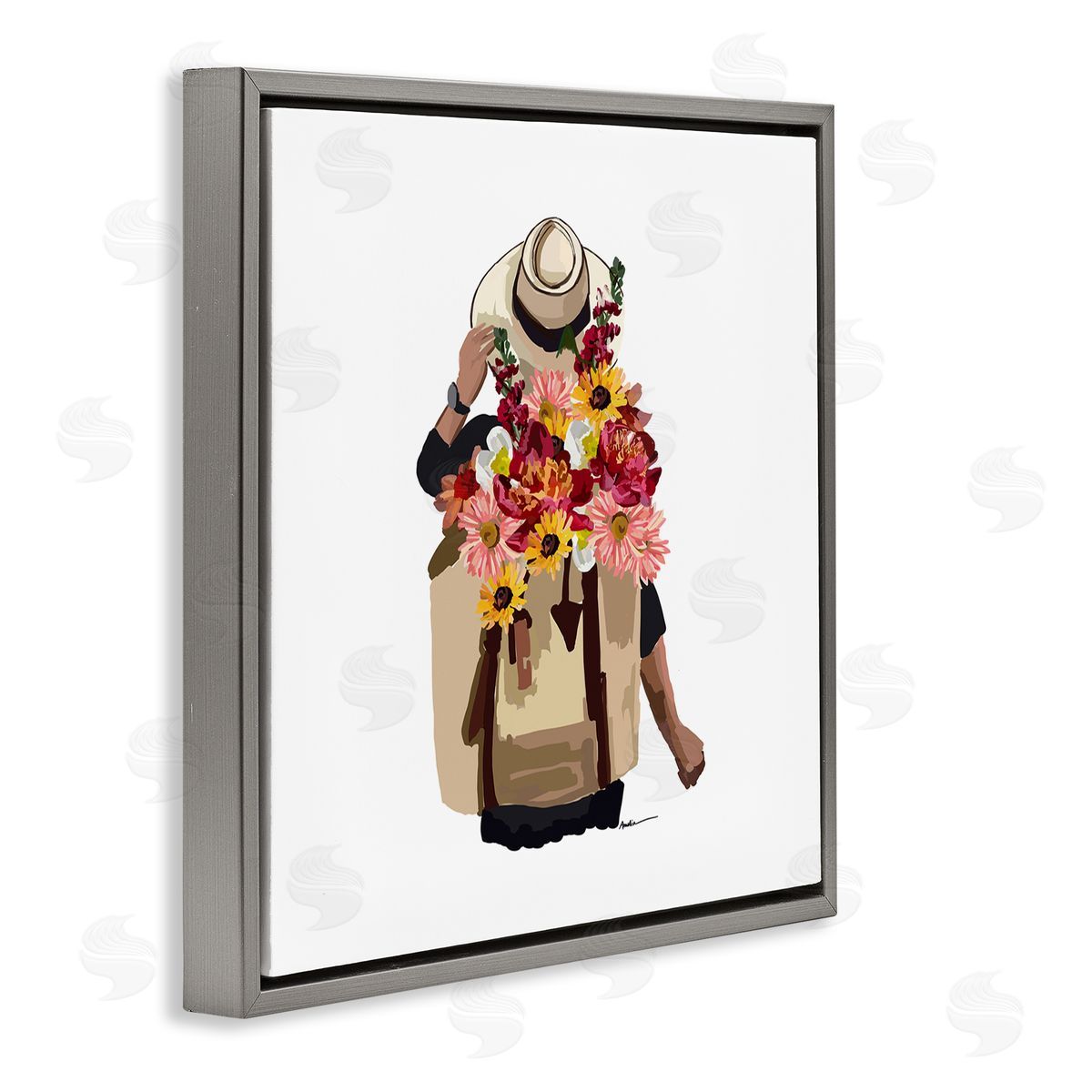 Amelia Noyes Woman Carrying Backpack Mixed Flower Bouquet Arrangement Gray Floating Frame Canvas Wall Art Print