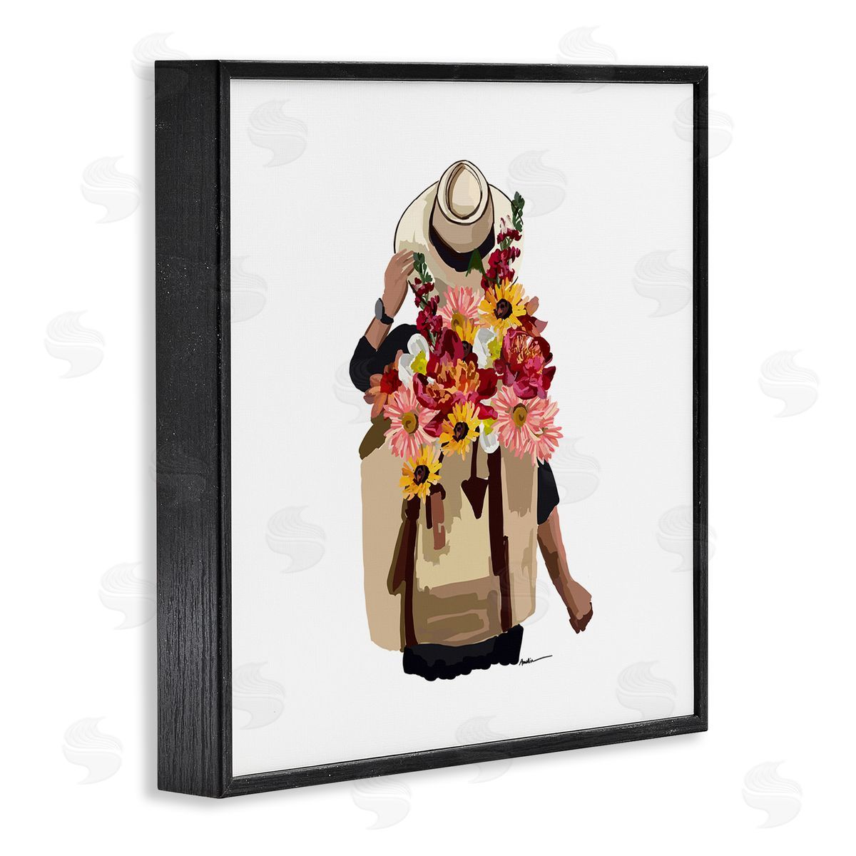 Amelia Noyes Woman Carrying Backpack Mixed Flower Bouquet Arrangement Black Framed Glicee Wall Art Print