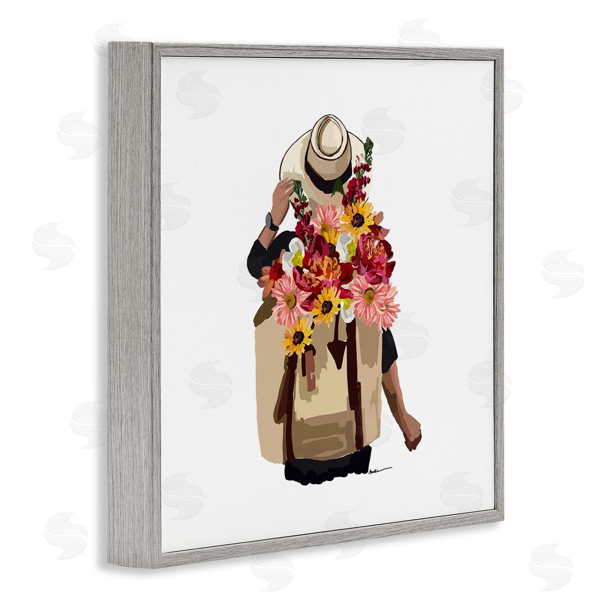Amelia Noyes Woman Carrying Backpack Mixed Flower Bouquet Arrangement Gray Framed Glicee Wall Art Print