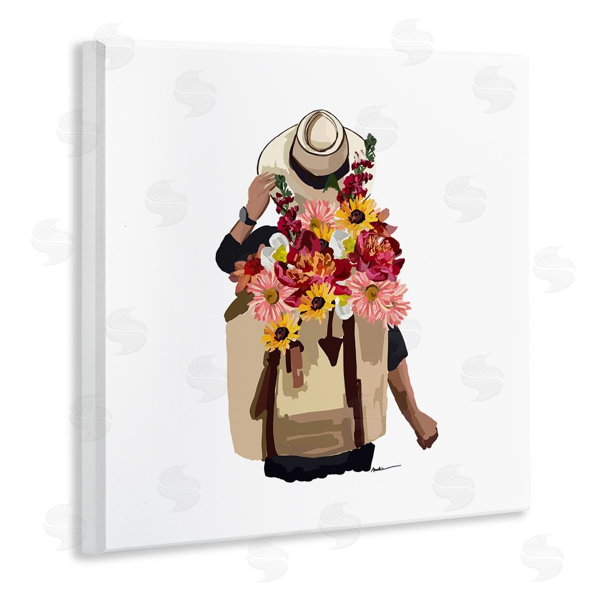 Amelia Noyes Woman Carrying Backpack Mixed Flower Bouquet Arrangement Wooden Wall Plaque Art Print