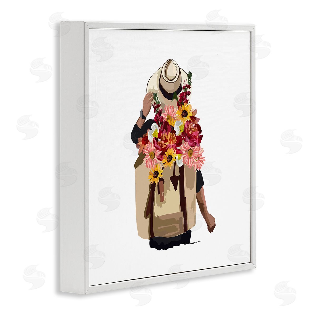 Amelia Noyes Woman Carrying Backpack Mixed Flower Bouquet Arrangement White Framed Glicee Wall Art Print