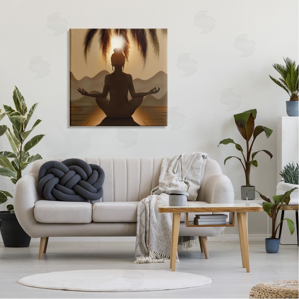 Ziwei Li Tranquil Meditation Sunlit Woman Silhouette Mountain Scenery Canvas Wall Art in Room