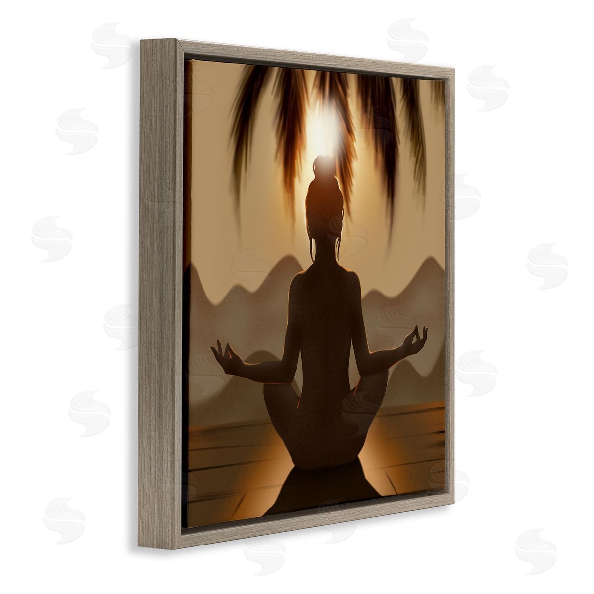 Ziwei Li Tranquil Meditation Sunlit Woman Silhouette Mountain Scenery Brown Floating Frame Canvas Wall Art Print