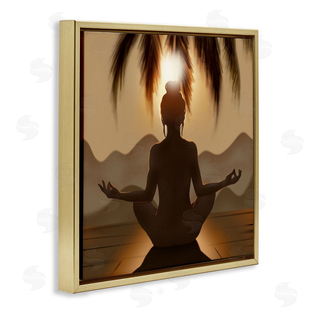 Ziwei Li Tranquil Meditation Sunlit Woman Silhouette Mountain Scenery Gold Floating Frame Canvas Wall Art Print