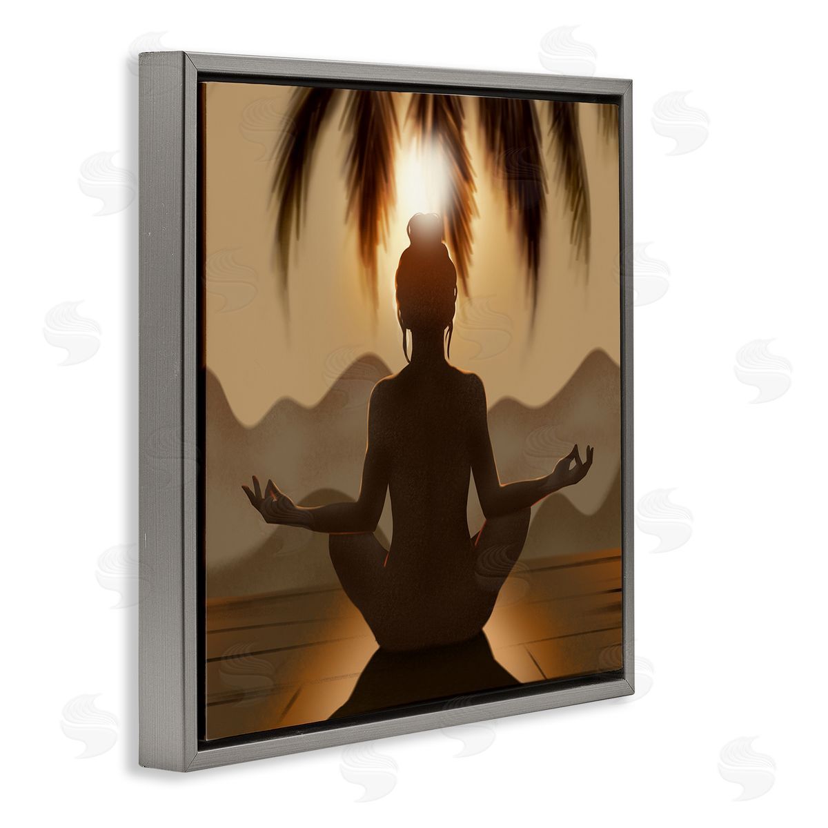 Ziwei Li Tranquil Meditation Sunlit Woman Silhouette Mountain Scenery Gray Floating Frame Canvas Wall Art Print