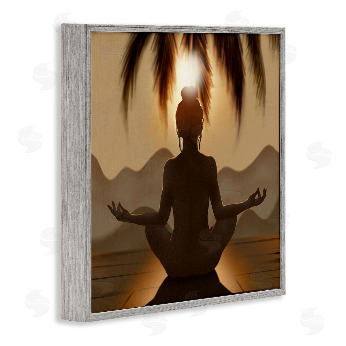 Ziwei Li Tranquil Meditation Sunlit Woman Silhouette Mountain Scenery Gray Framed Glicee Wall Art Print