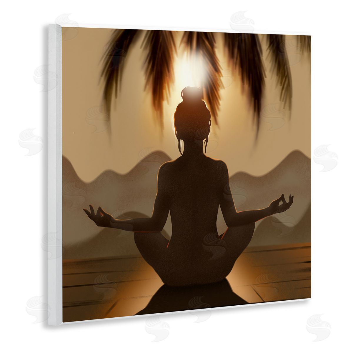 Ziwei Li Tranquil Meditation Sunlit Woman Silhouette Mountain Scenery Wooden Wall Plaque Art Print