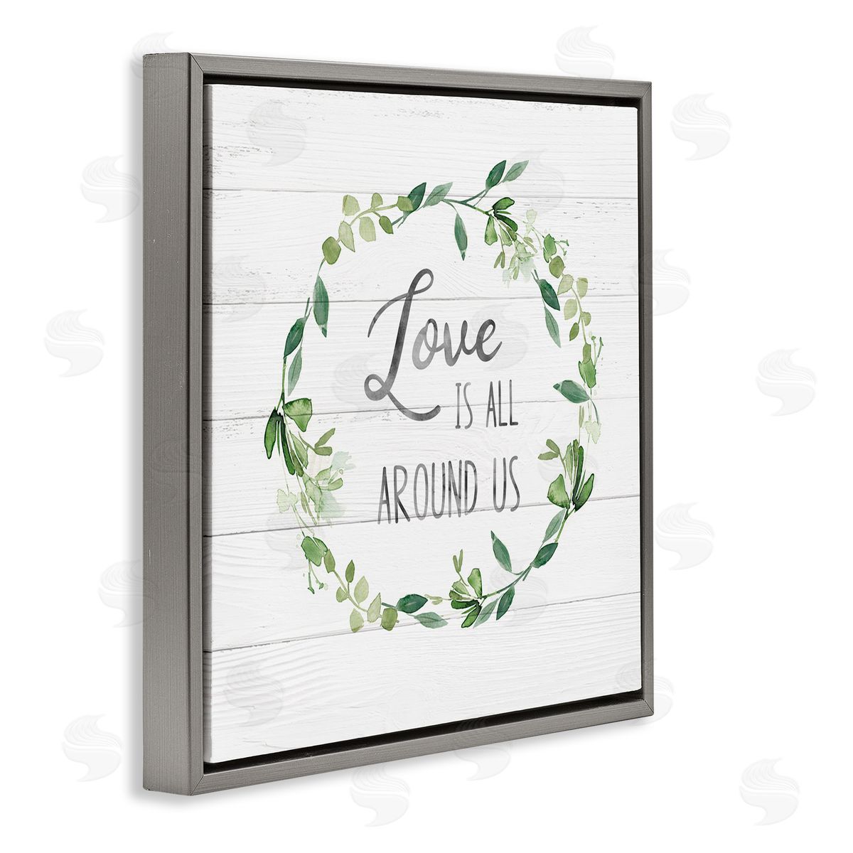 Carol Robinson Love All Around Us Plank Patterned Typography Gray Floating Frame Canvas Wall Art Print