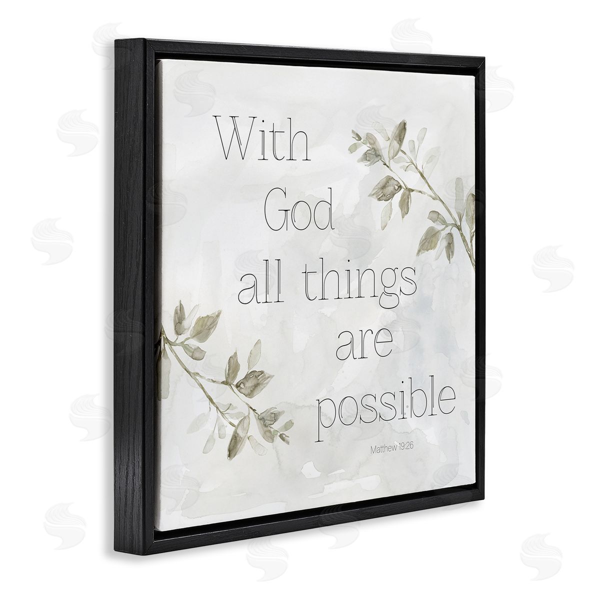 Carol Robinson With God All Things Possible Floral Sprig Religious Phrase Black Floating Frame Canvas Wall Art Print