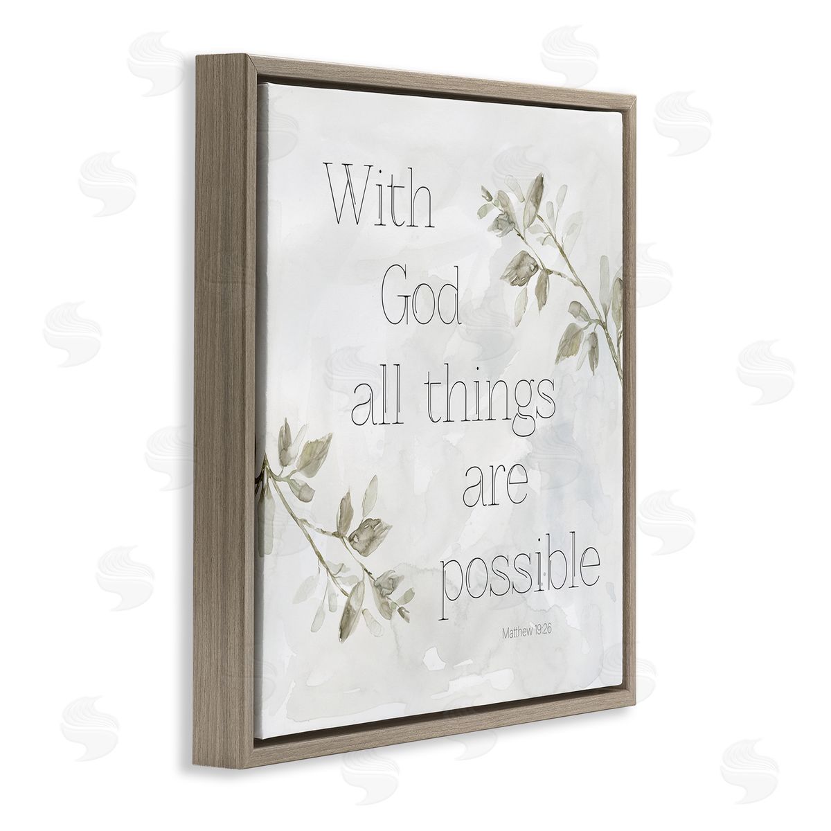 Carol Robinson With God All Things Possible Floral Sprig Religious Phrase Brown Floating Frame Canvas Wall Art Print