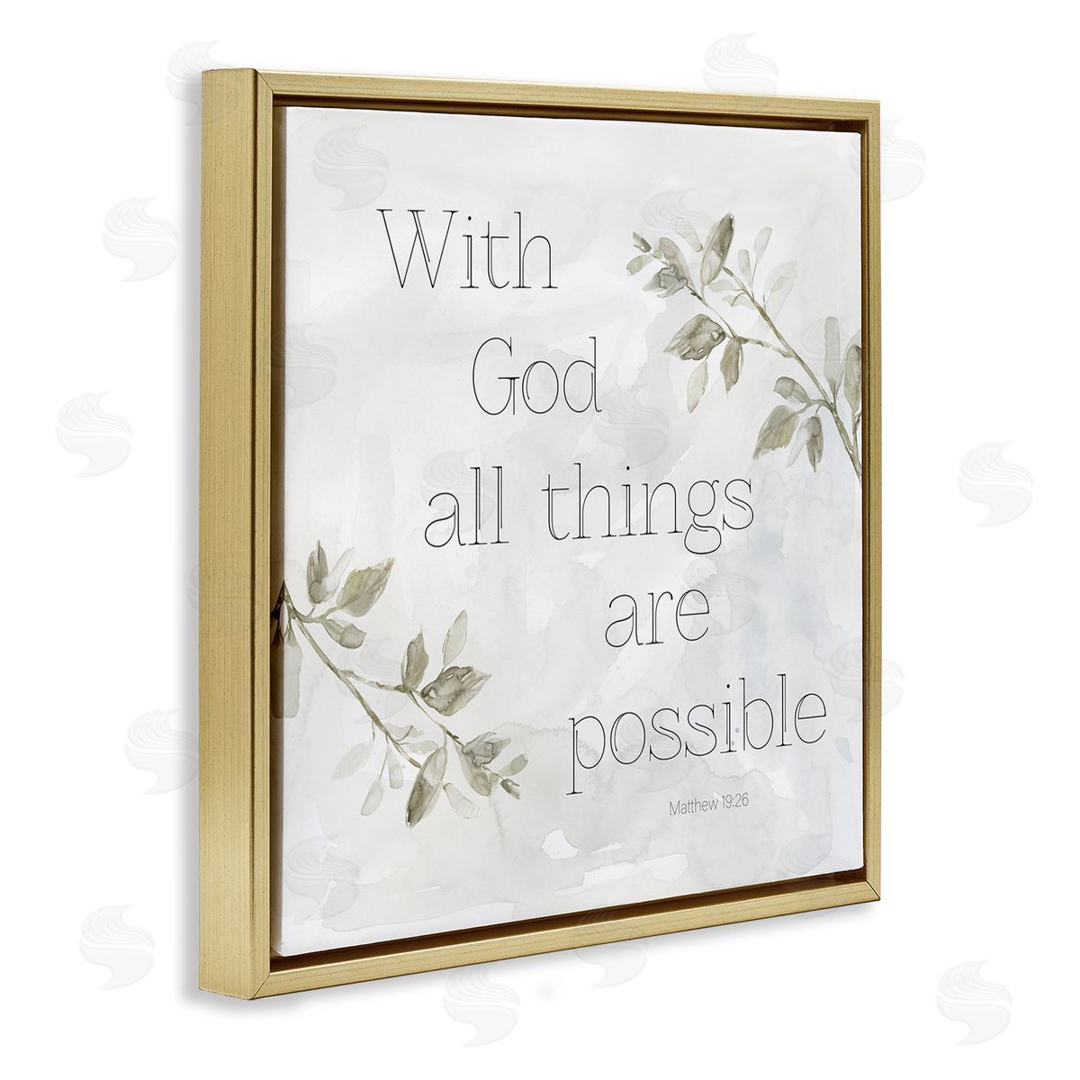 Carol Robinson With God All Things Possible Floral Sprig Religious Phrase Gold Floating Frame Canvas Wall Art Print