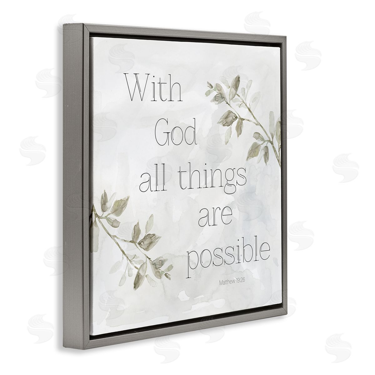 Carol Robinson With God All Things Possible Floral Sprig Religious Phrase Gray Floating Frame Canvas Wall Art Print