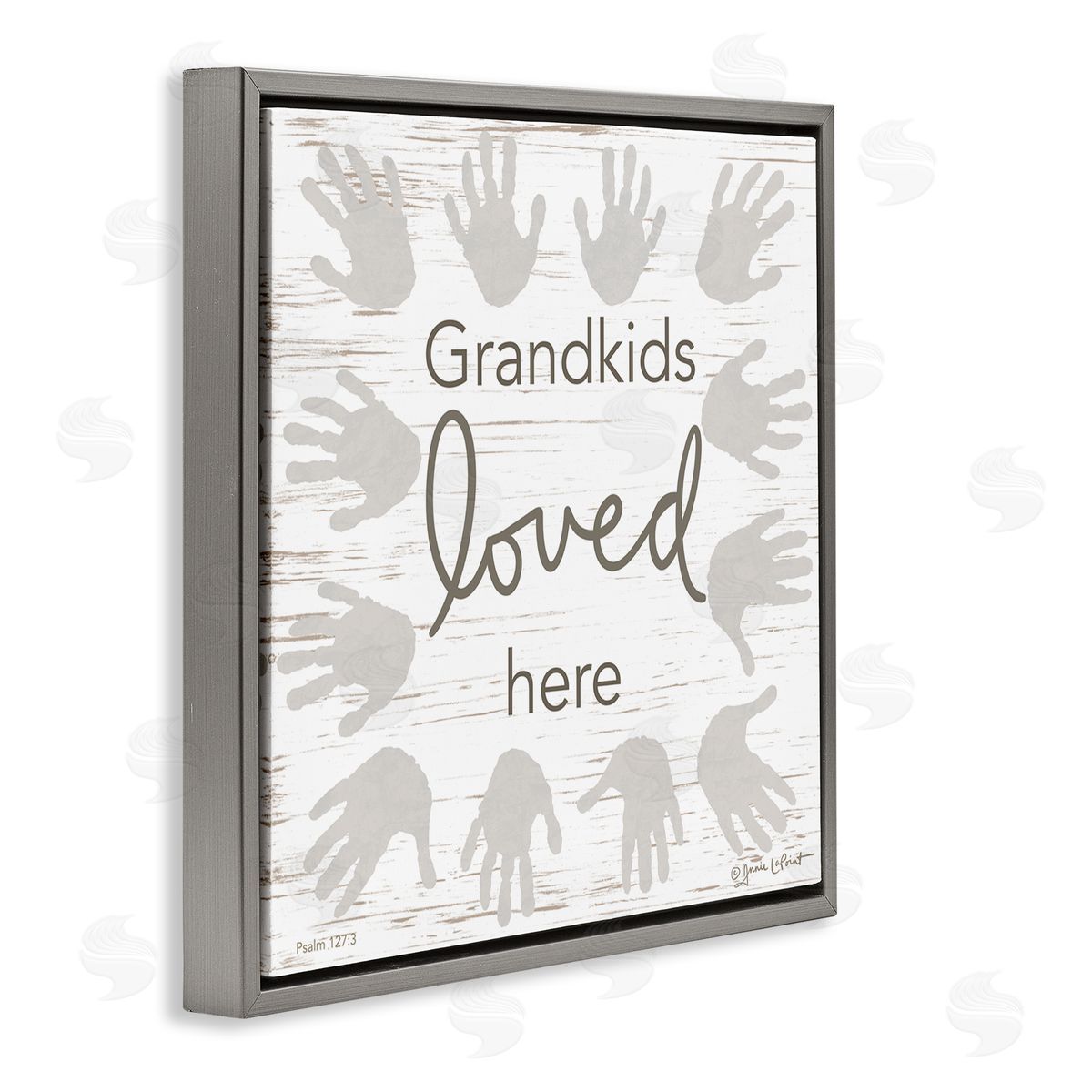 Annie LaPoint Grandkids Loved Here Fun Family Grandparents Handprints Gray Floating Frame Canvas Wall Art Print