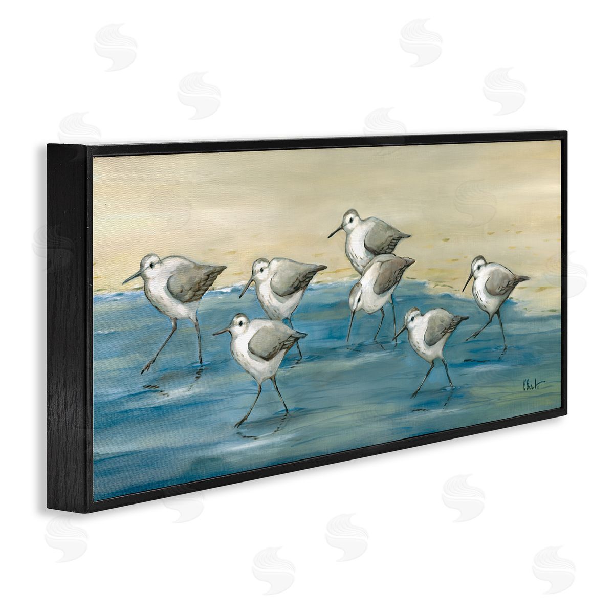 Sandpiper Bird Flock Beach Shoreline Black Frame Print Wall Art, Home Decor by Paul Brent