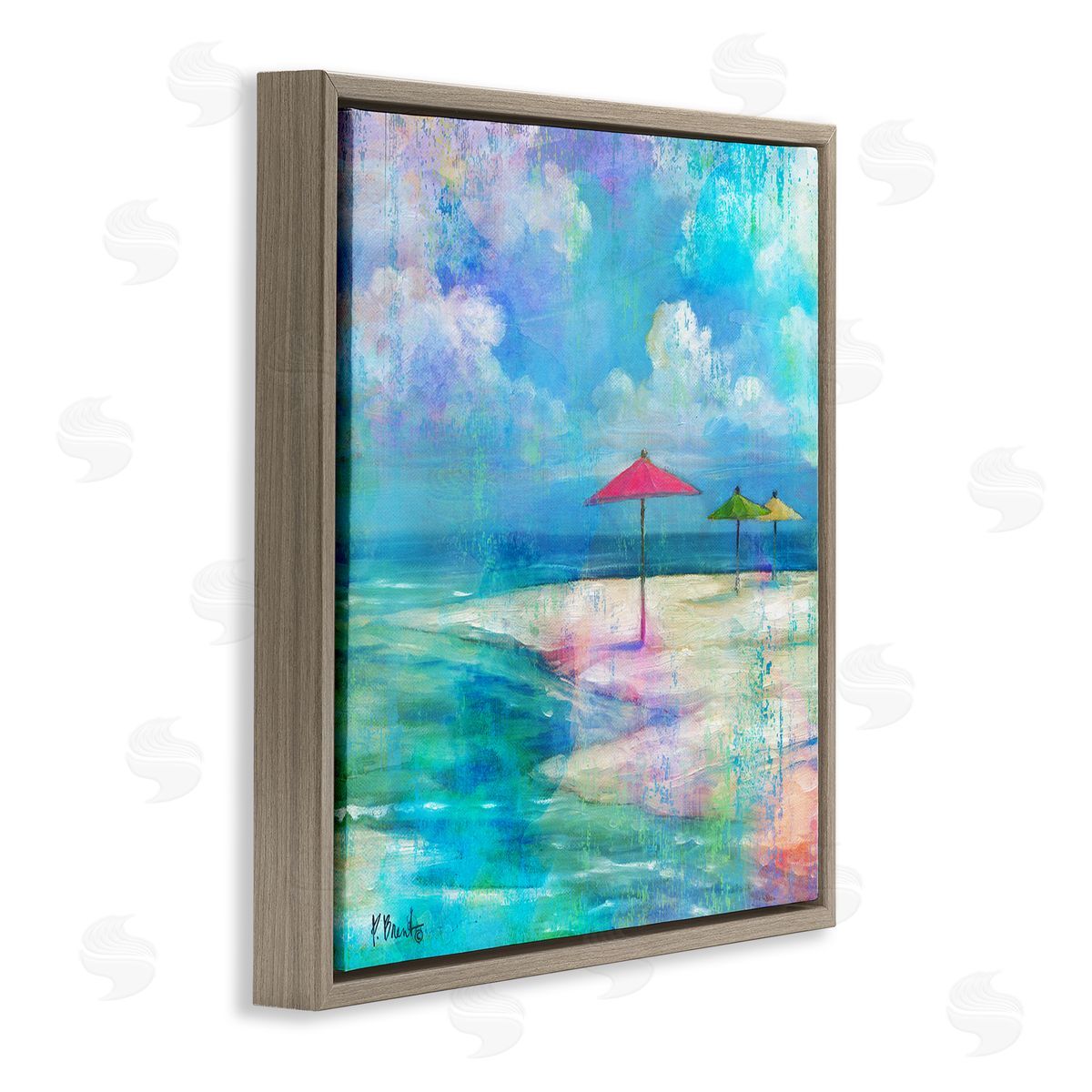 Paul Brent Umbrella Beachscape Watercolor Mirage Brown Floating Frame Canvas Wall Art Print