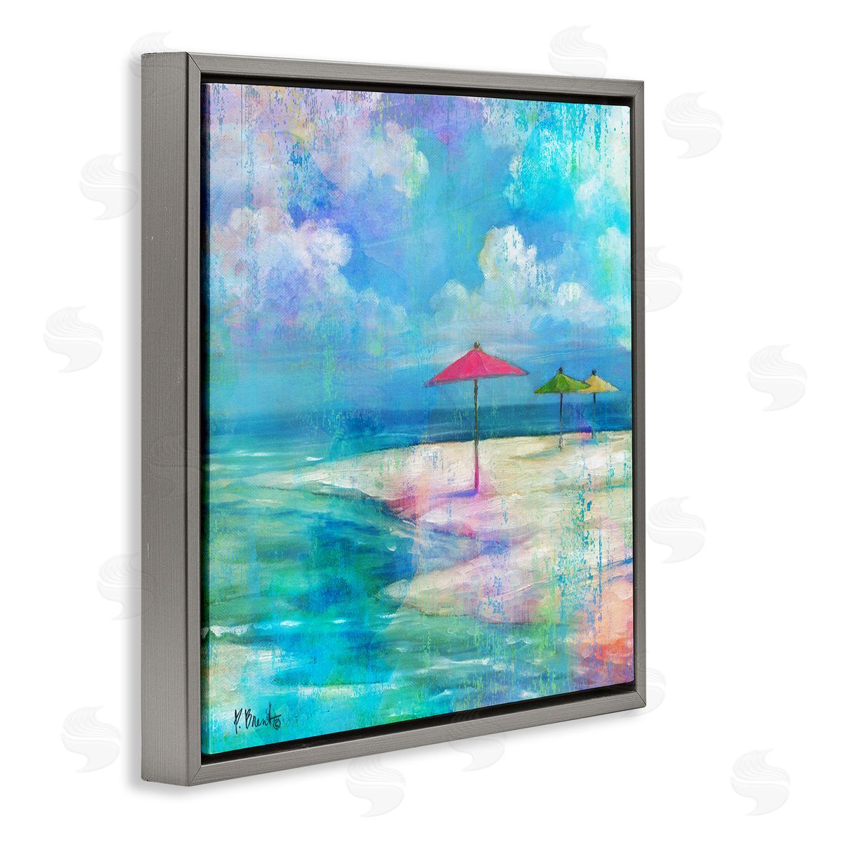 Paul Brent Umbrella Beachscape Watercolor Mirage Gray Floating Frame Canvas Wall Art Print