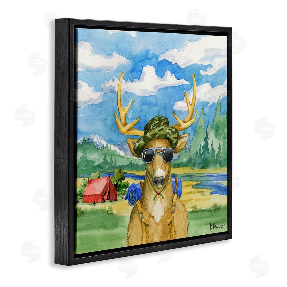 Paul Brent Happy Camper Deer Forest Hike Black Floating Frame Canvas Wall Art Print