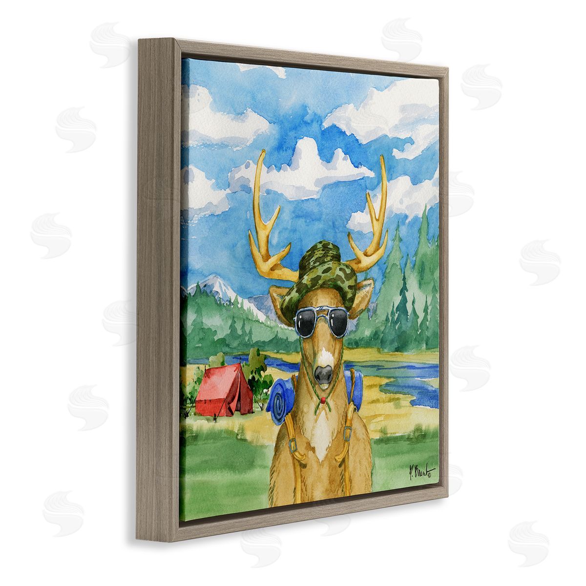 Paul Brent Happy Camper Deer Forest Hike Brown Floating Frame Canvas Wall Art Print