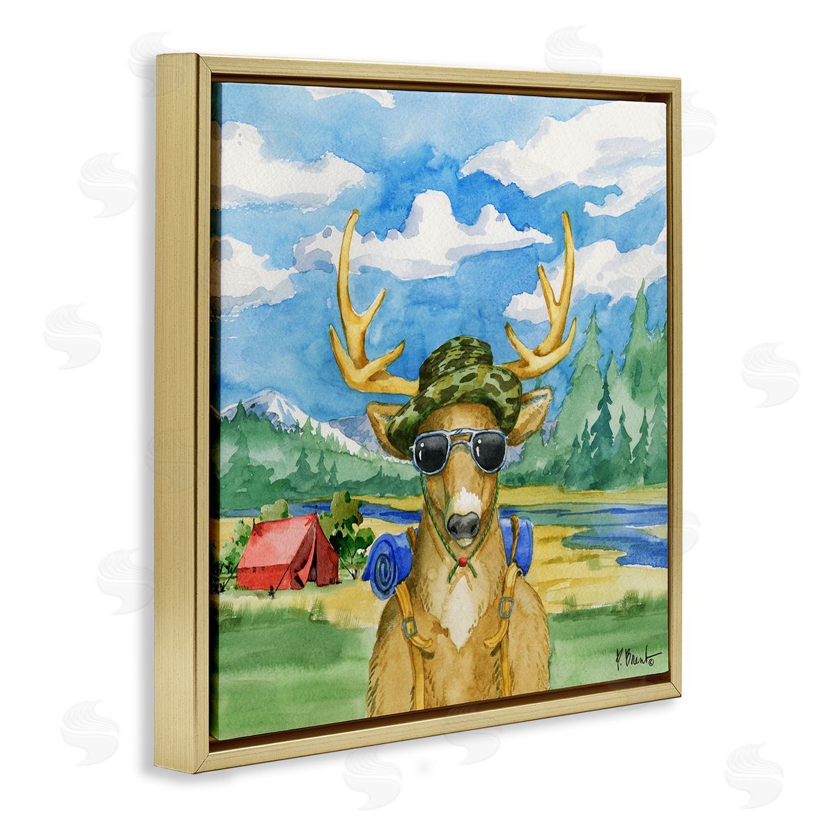 Paul Brent Happy Camper Deer Forest Hike Gold Floating Frame Canvas Wall Art Print