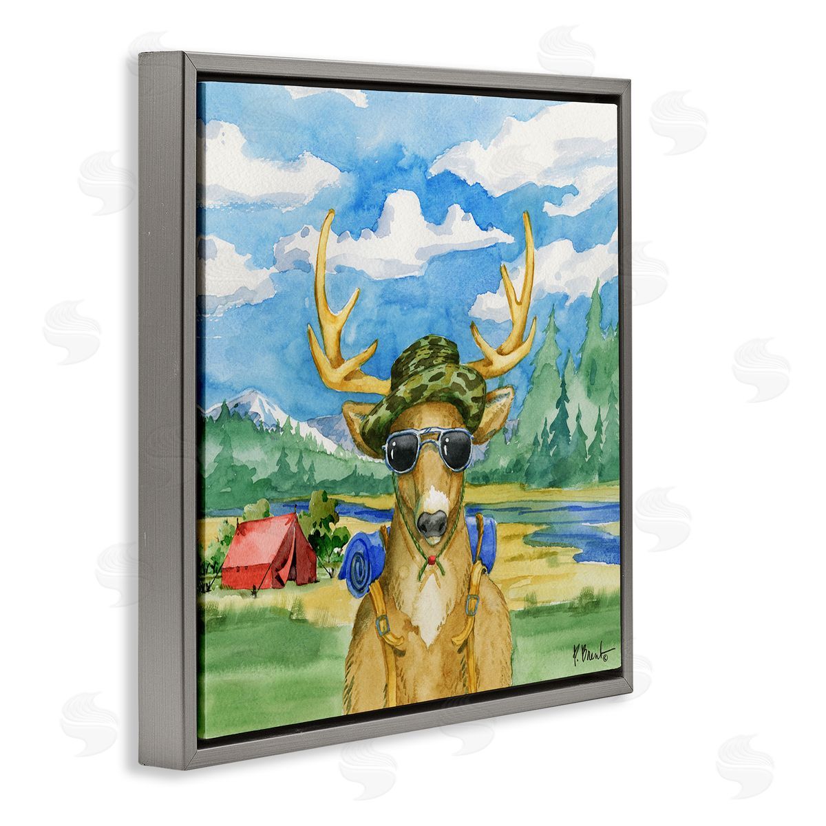 Paul Brent Happy Camper Deer Forest Hike Gray Floating Frame Canvas Wall Art Print