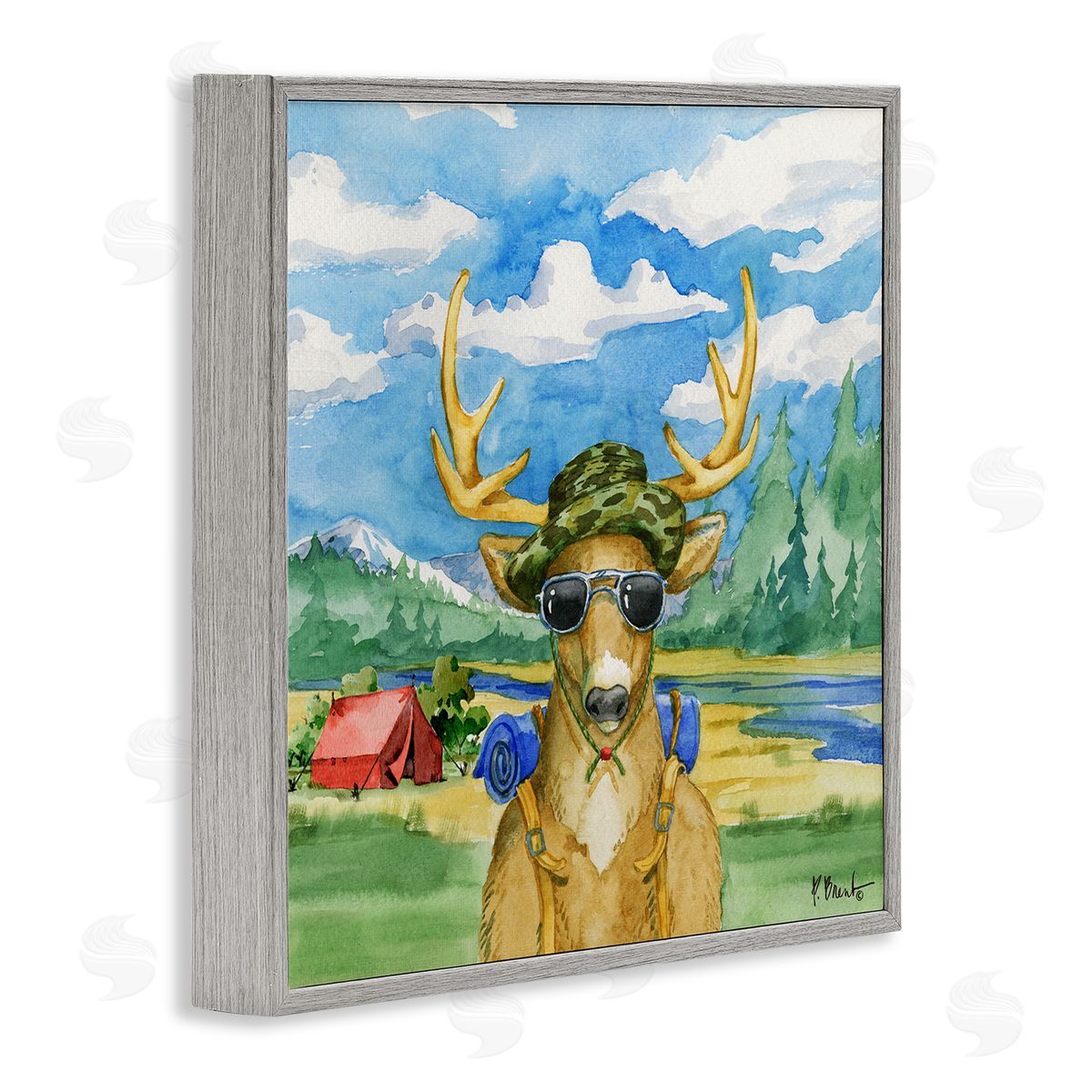 Paul Brent Happy Camper Deer Forest Hike Gray Framed Glicee Wall Art Print