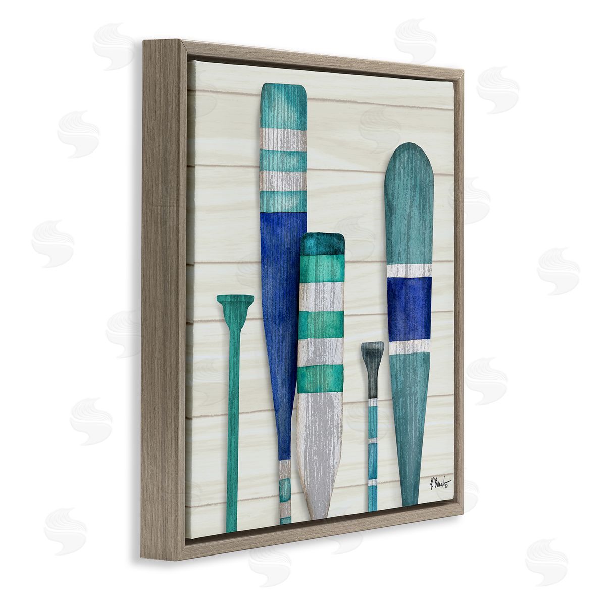 Paul Brent Port Oars Blue Green Striped Patterns Brown Floating Frame Canvas Wall Art Print