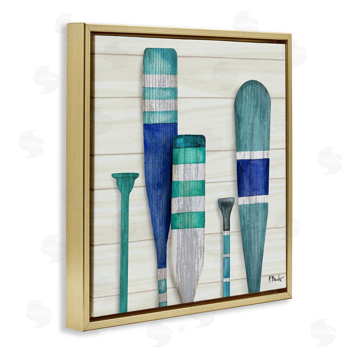 Paul Brent Port Oars Blue Green Striped Patterns Gold Floating Frame Canvas Wall Art Print