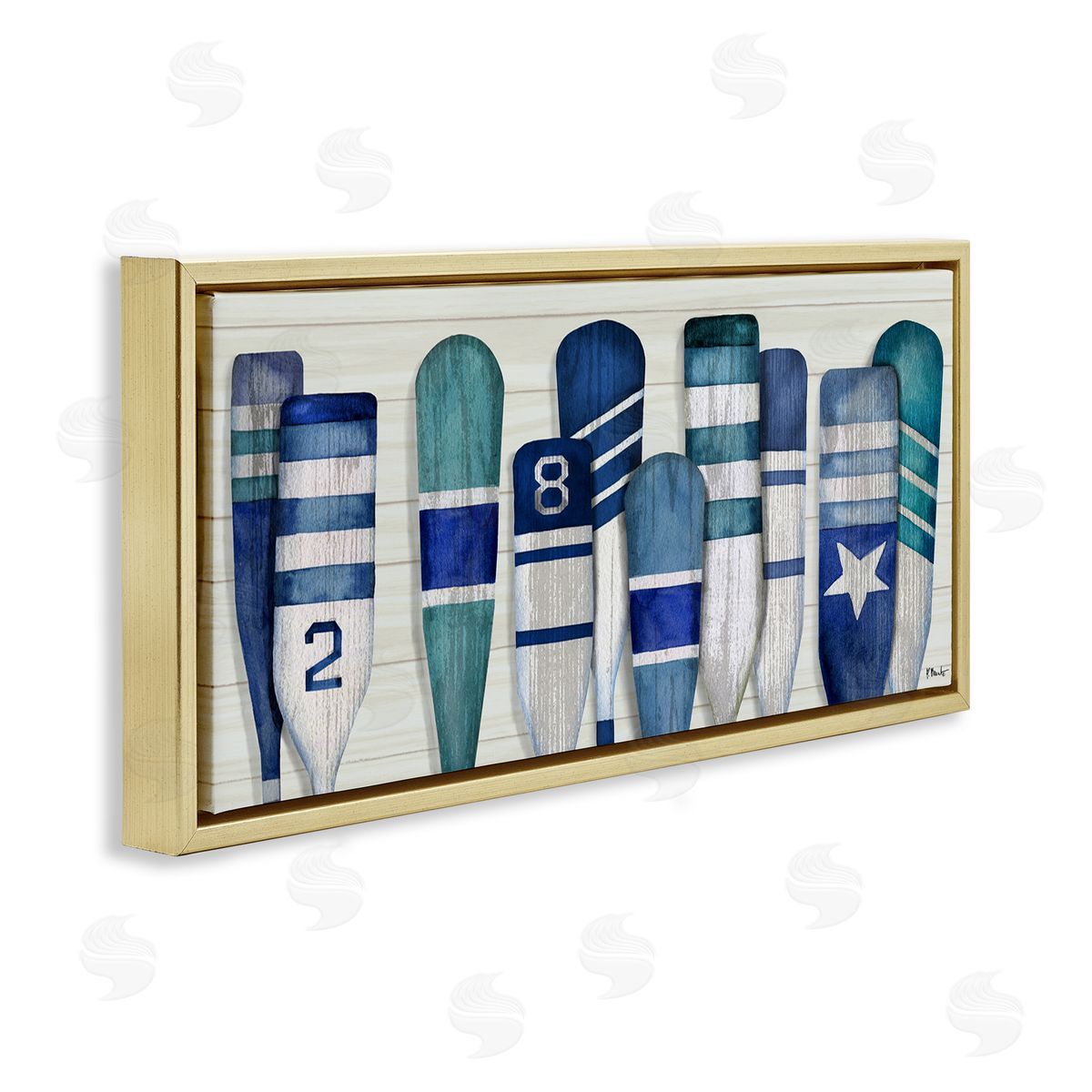 Port Oars Nautical Blue Patterns Gold Floating Frame Canvas Wall Art, Home Decor by Paul Brent