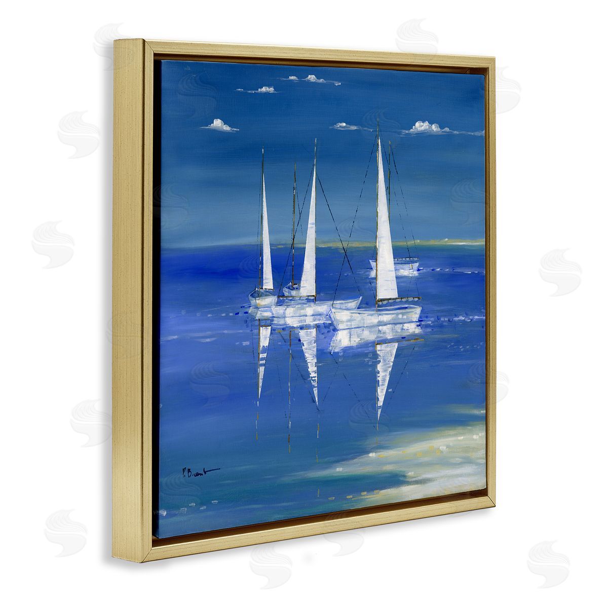 Paul Brent Serenity Sailboats Vivid Blue Ocean Gold Floating Frame Canvas Wall Art Print