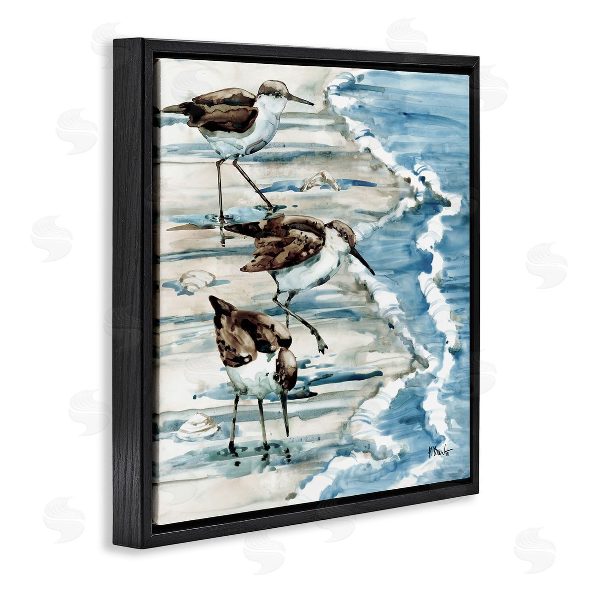 Rockhampton Sandpipers Beach Ripples Black Floating Frame Canvas Wall Art, Home Decor by Paul Brent