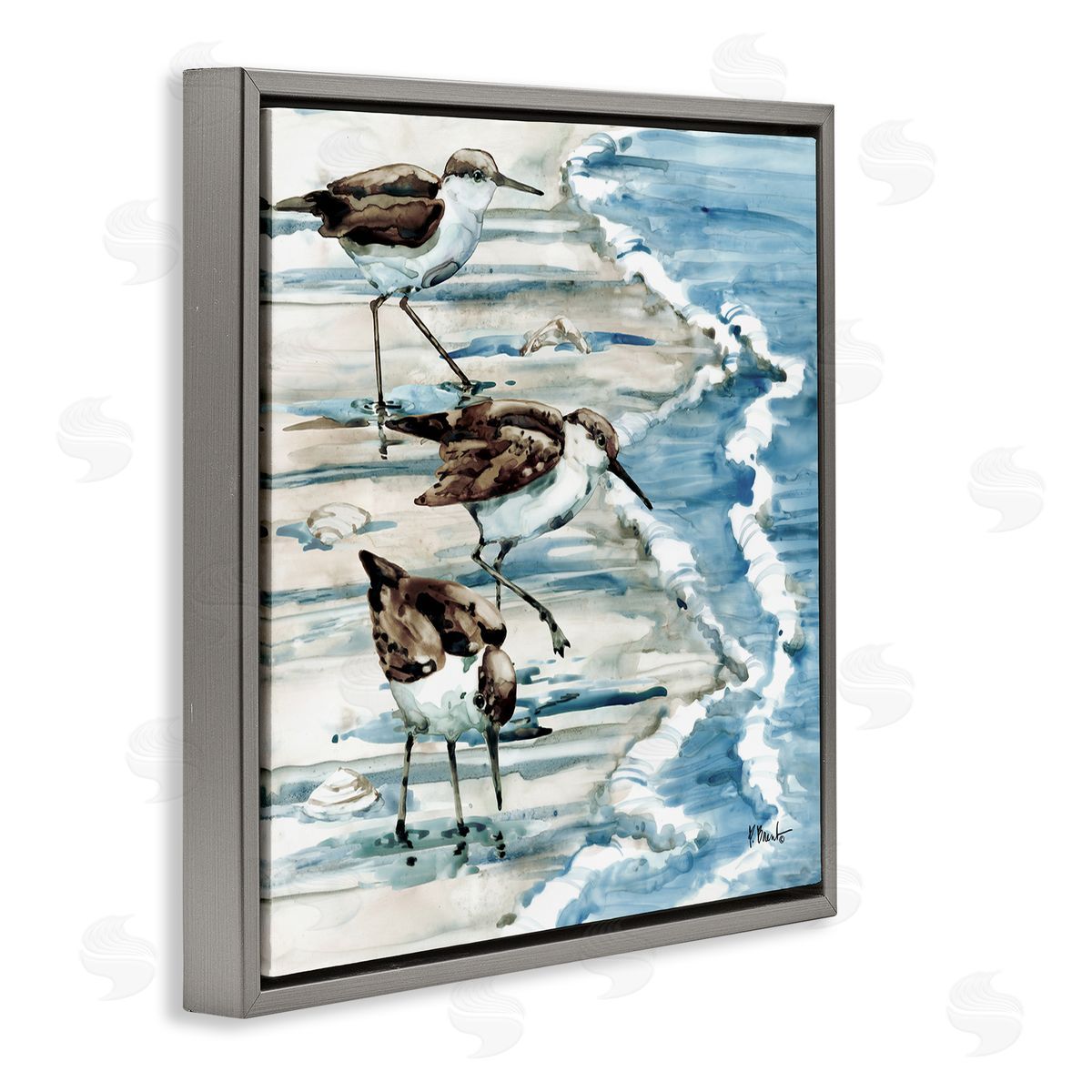 Rockhampton Sandpipers Beach Ripples Grey Floating Frame Canvas Wall Art, Home Decor by Paul Brent