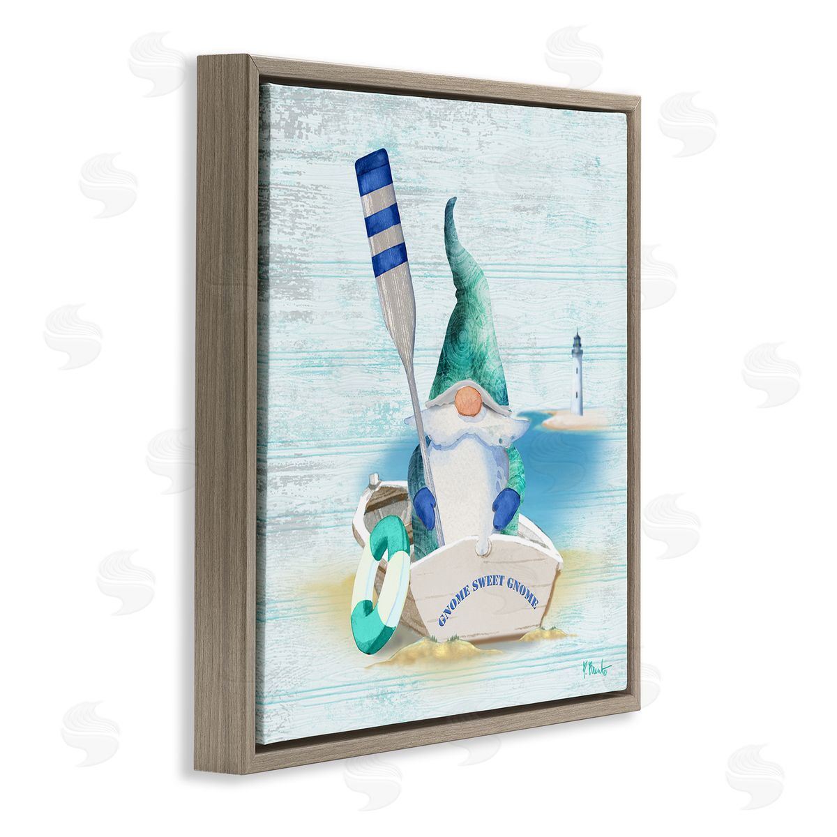 Paul Brent Coastal Gnome Blue Row Boat Brown Floating Frame Canvas Wall Art Print