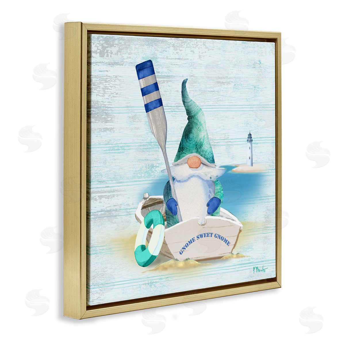 Paul Brent Coastal Gnome Blue Row Boat Gold Floating Frame Canvas Wall Art Print