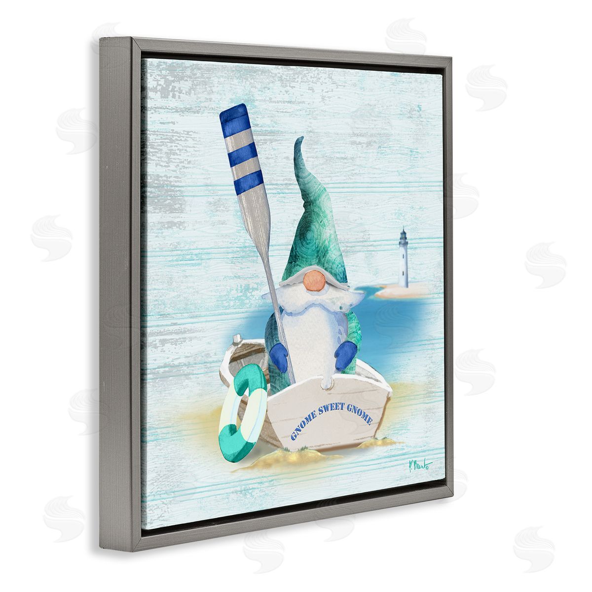 Paul Brent Coastal Gnome Blue Row Boat Gray Floating Frame Canvas Wall Art Print