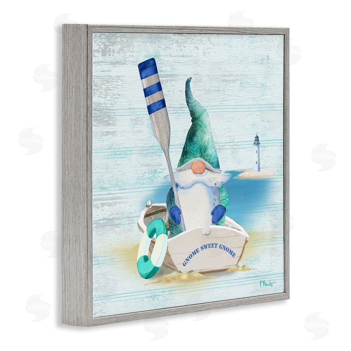 Paul Brent Coastal Gnome Blue Row Boat Gray Framed Glicee Wall Art Print