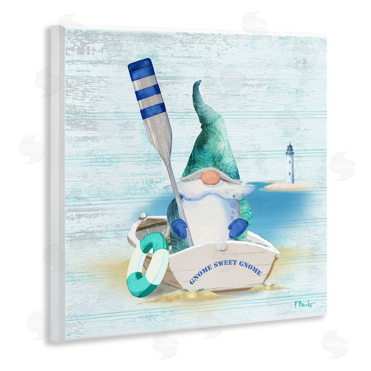 Paul Brent Coastal Gnome Blue Row Boat Wooden Wall Plaque Art Print